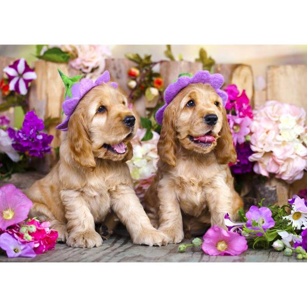 Puzzle de 1000 Piezas : Cachorros de spaniel con sombreros de flores - Enjoy-1263