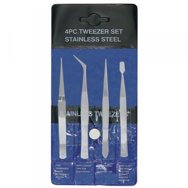 4-Piece Stainless Steel Tweezer Set with Pointed, Self Closing, Stamp, Curved (4pcs) (Pouch) - EXL30416