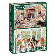 2x1000 pieces puzzle : Animals at home