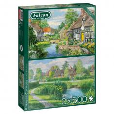 Puzzle 2 x 500 pièces : Cottages au bord de la rivière 