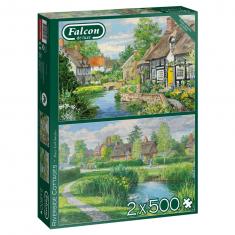 Puzzle de 2 x 500 piezas: Cabañas junto al río 