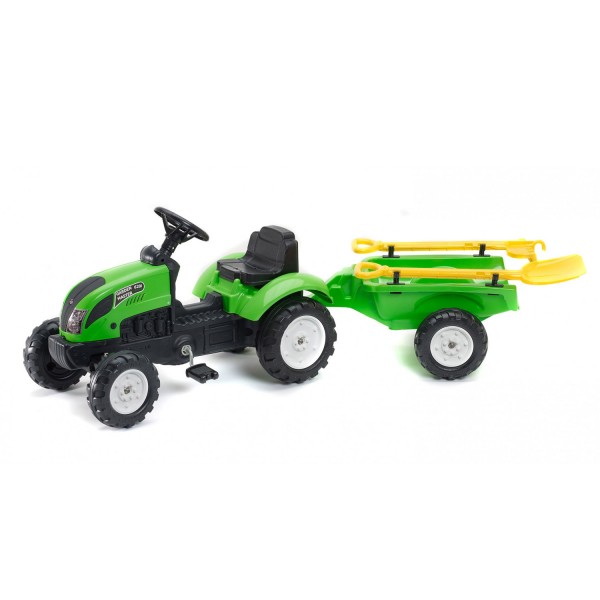 Tracteur Garden Master vert avec remorque, pelle et râteau - Falk-2057G