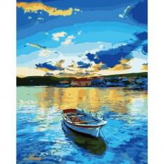 Peinture au numéro : Barque et lever de soleil - toile tendue sur châssis