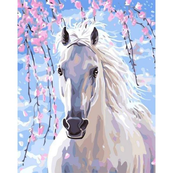 Peinture au numéro : Cheval et fleurs blanches - toile tendue sur châssis - FiguredArt-PN1642-Y
