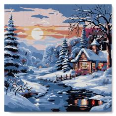 Mini Paint by numbers Lovely Winter Cottage - already stretched on a wooden frame