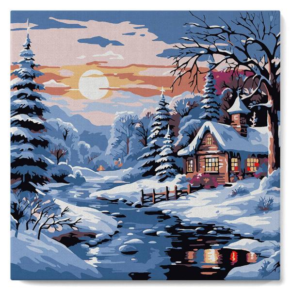 Mini peinture au numéro : Jolie Chaumière sous la Neige  - toile tendue sur chassis - FiguredArt-SFA208-Y