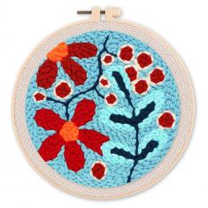 Punch Needle Kit - A Spread of Red Flowers - with circular frame