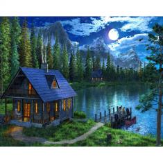 Paint by numbers House by the lake at night - already stretched on a wooden frame
