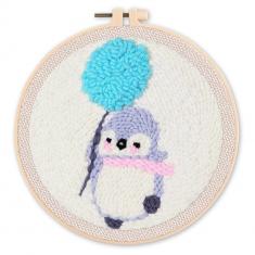 Punch Needle Kit - Penguin with a Dandelion - with circular frame