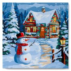 Mini Paint by numbers Snowman and the Cottage - already stretched on a wooden frame