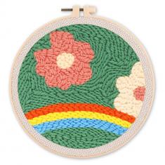 Punch Needle Kit - Flowers over a Rainbow - with circular frame
