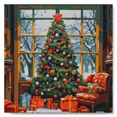 Mini Paint by numbers Christmas Tree in a Living Room - already stretched on a wooden frame