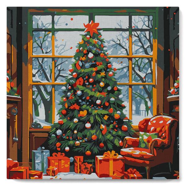 Mini Paint by numbers Christmas Tree in a Living Room - already stretched on a wooden frame - FiguredArt-SFA212-Y