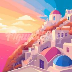 Mini Diamond Painting DP-SFA174-Y Santorini Sunset 25x25 round diamond framed canvas - already stret