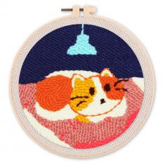 Punch Needle Kit - A Cat in his Bed - with circular frame