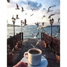 Paint by numbers Coffee and Seagulls at waterfront - without frame