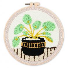 Punch Needle Kit - Black Potted Plant - with circular frame