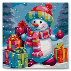 Mini Paint by numbers Snowman and Gifts in Snow - already stretched on a wooden frame