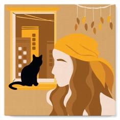 Mini Malen nach Zahlen - Frau und ihre Katze am Fenster - mit Rahmen