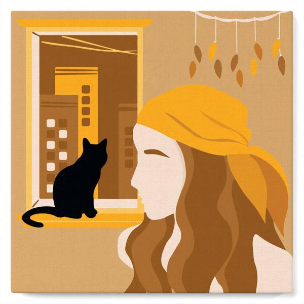 Mini peinture au numéro : Femme et son Chat à la Fenêtre  - toile tendue sur chassis - FiguredArt-SFA023-Y
