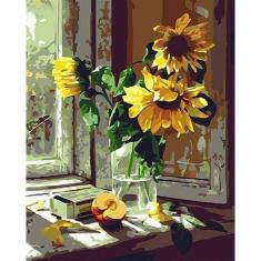 Paint by numbers Sunflowers and apple in front of the window - without frame