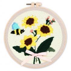 Punch Needle Kit - A Bee and Sunflowers - with circular frame