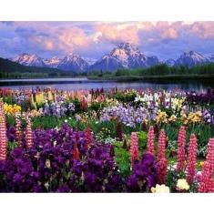 Malen nach Zahlen Blumen und See am Fuße des Berges - auf Keilrahmen gespannt 