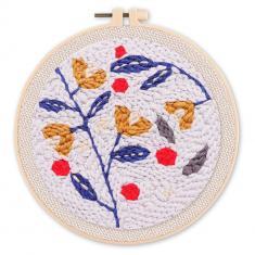 Punch Needle Kit - Hollies on a Blue background - with circular frame