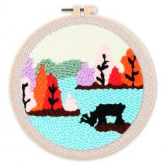Punch Needle Kit - Reindeer by a Lake - with circular frame