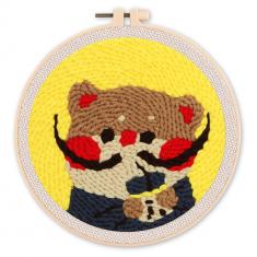 Punch Needle Kit - Kitty Dali with Bubble Tea - with circular frame
