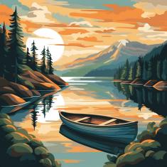 Mini Paint by numbers Mountain Lake with Canoe - already stretched on a wooden frame