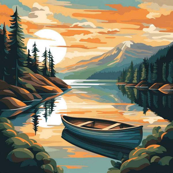 Mini peinture au numéro : Lac de montagne et canoë  - toile tendue sur chassis - FiguredArt-SFA226-Y