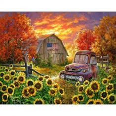Peinture au numéro : Tournesols devant la grange - toile tendue sur châssis