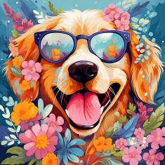 Mini peinture au numéro : Chiot fantaisie et des fleurs  - toile tendue sur chassis