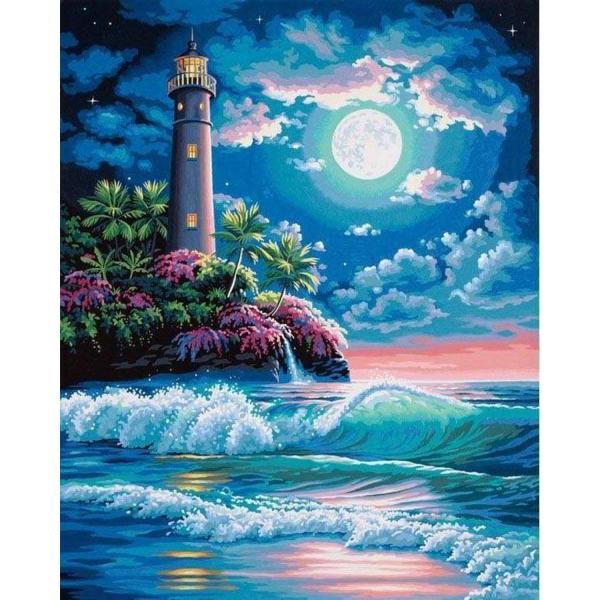 Peinture au numéro : Phare sous la pleine Lune  - sans châssis en bois - FiguredArt-PN906
