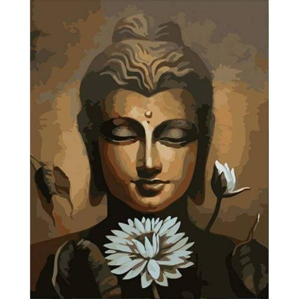 Peinture au numéro : Visage de Bouddha et fleur de Lotus  - sans châssis en bois - FiguredArt-PN1681