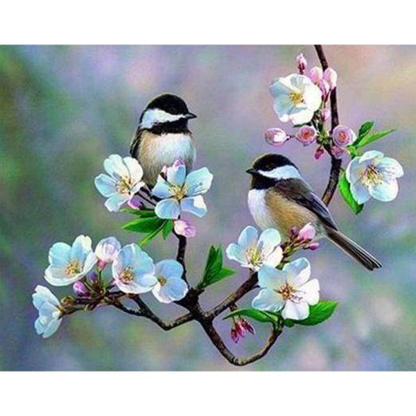 Broderie diamant : Petits Oiseaux et Fleurs Blanches - sans chassis en bois - FiguredArt-DP-124