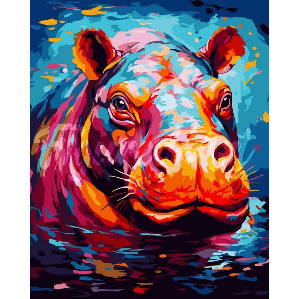 Peinture au numéro : Hippopotame Coloré Abstrait  - sans châssis en bois - FiguredArt-FA10198