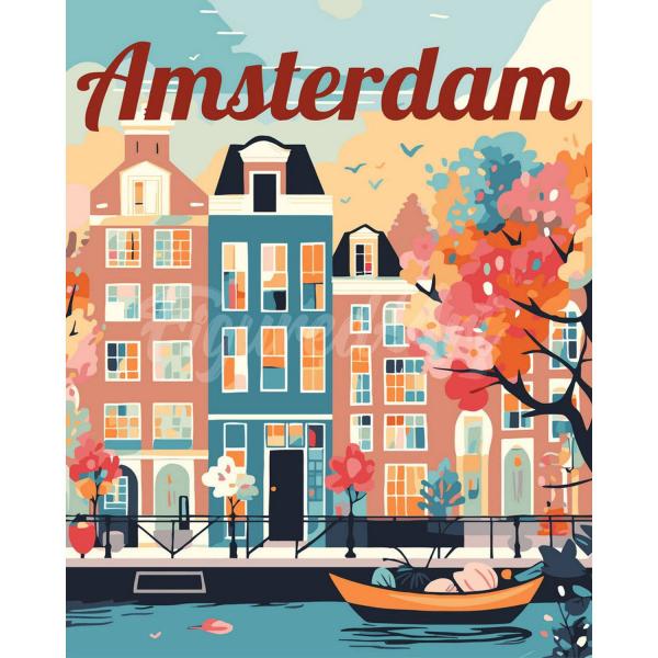 Peinture au numéro : Affiche de voyage Amsterdam en fleurs  - toile tendue sur châssis - FiguredArt-FA10252-Y