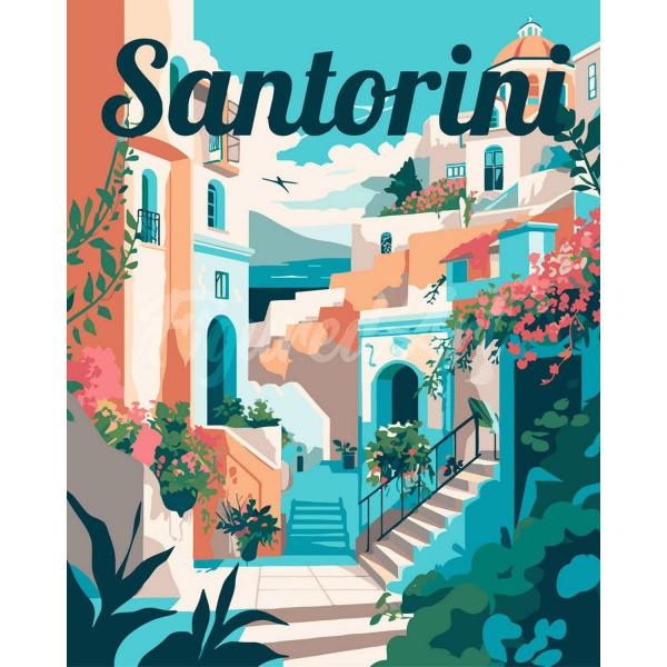 Peinture au numéro : Affiche de voyage Santorin en fleurs  - toile tendue sur châssis - FiguredArt-FA10264-Y