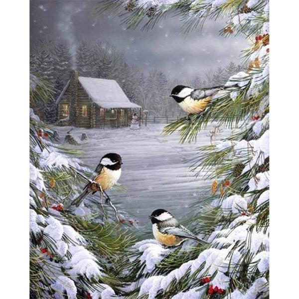 Peinture au numéro : Trois Oiseaux sous la Neige  - sans châssis en bois - FiguredArt-PN972