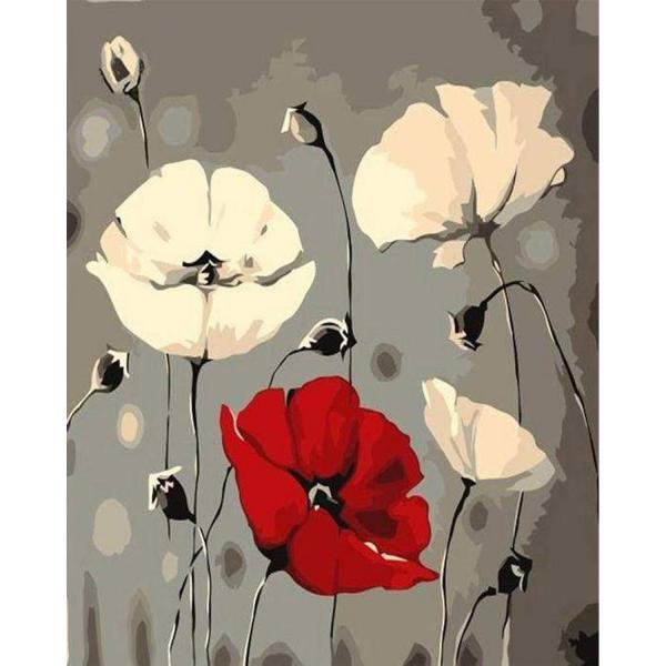 Peinture au numéro : Fleurs rouge et blanches - toile tendue sur châssis - FiguredArt-PN380-Y