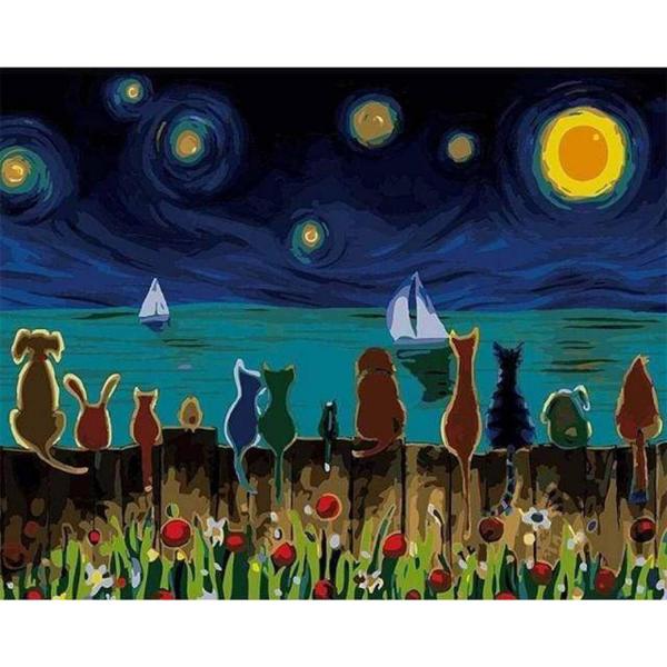 Peinture au numéro : Nuit étoilée et Animaux de dos  - sans châssis en bois - FiguredArt-PN1217