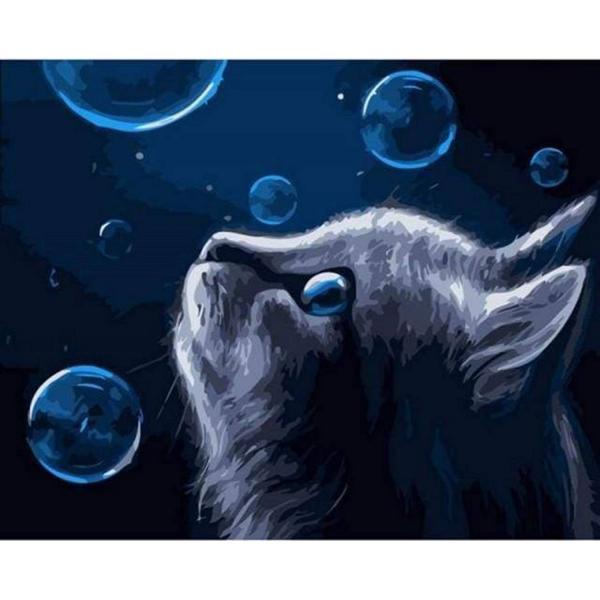 Peinture au numéro : Chat et Bulles bleues  - sans châssis en bois - FiguredArt-PN934
