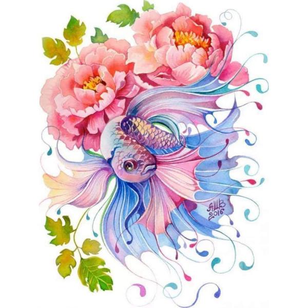 Paint by numbers Flowers and Fish interlaced - without frame - FiguredArt-PN1832