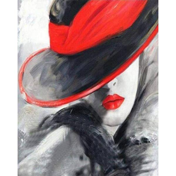 Broderie diamant : Femme au chapeau Rouge - sans chassis en bois - FiguredArt-DP-321