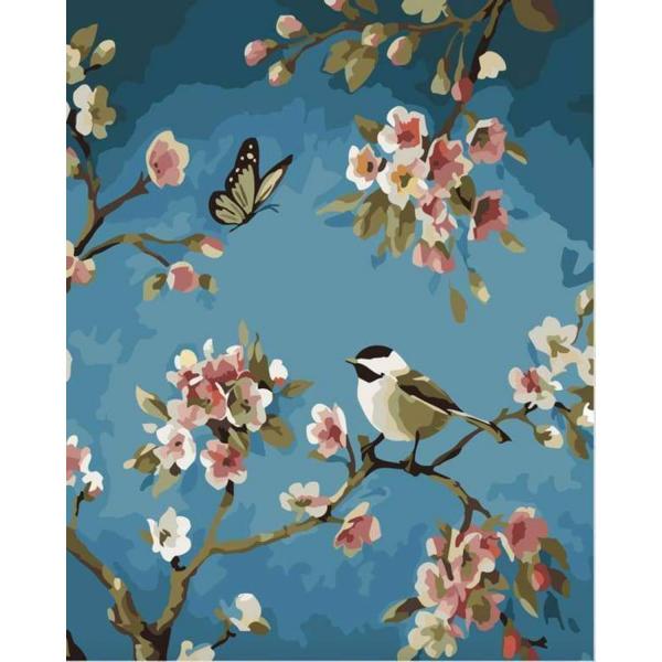 Peinture au numéro : Oiseau et Papillon  - sans châssis en bois - FiguredArt-PN1695
