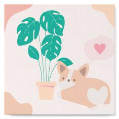 Mini Paint by numbers Little Puppy Loves Monstera - already stretched on a wooden frame
