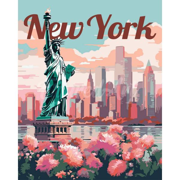 Peinture au numéro : Affiche de voyage New York en fleurs  - sans châssis en bois - FiguredArt-FA10261