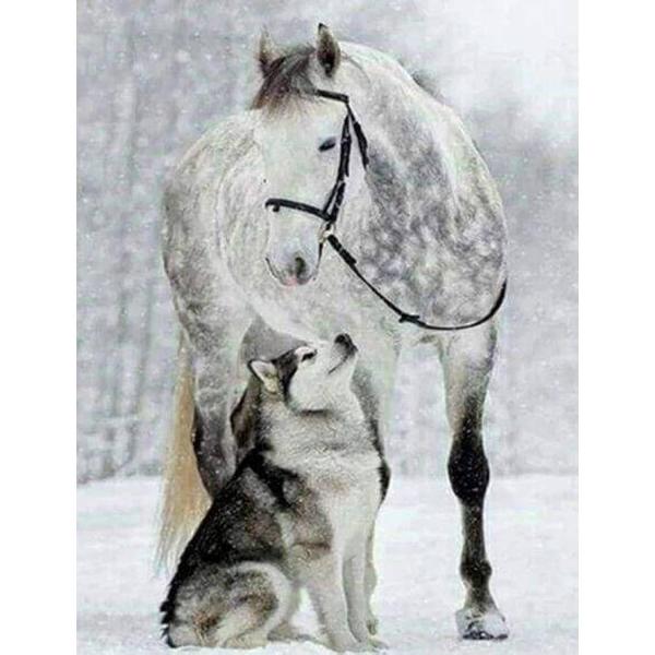 Broderie diamant : Cheval et Loup dans la Neige - sans chassis en bois - FiguredArt-DP-804